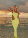 Nukty Women Sexy Hollow Waist Single Shoulder Dress Elegant Backless Bodycon Pleated Long Dresses Lady Vocation Beach Party Robe