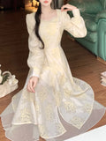 Nukty Autumn Elegant Princess Midi Dresses for Women Vintage Square Collar Long Sleeve Floral A-line Korean Fashion One Piece Vestido