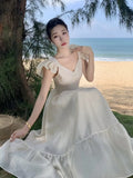 Nukty Women V Neck Backless Evening Party Dress Summer Beige Sweet Temper French Fairy Sundresss Fashion Clothing Vestido