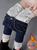 Nukty Oversized Slim Velvet Lined Jeans Pencil Pants Winter Women Plush Stretch Vaqueros Trousers Mid Waist Thicken Warm Denim Spodnie