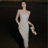 Nukty Elegant Party Spaghetti Strap Midi Dresses for Women Summer Sexy Prom Evening Fashion Female Clothes Blue Folds Satin Dress