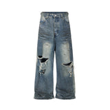 Nukty Frayed Damaged Hole Baggy Wide Leg Jeans for Men and Women Streetwear Casual Ropa Hombre Denim Trousers Oversized Cargo Pants