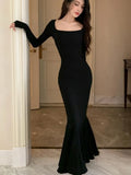 Nukty Autumn Sexy Black Mermaid Party Dress for Women Square Collar Long Sleeve Slim Bodycon Vestidos Elegant Streetwear Long Robe