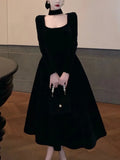Nukty Autumn Winter Black Velvet Midi Dress Women France Vintage Long Sleeve Square Collar Birthday Party A-Line Vestidos Female Robe