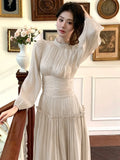 Nukty New Elegant Chic French Pleated Solid Dress Puff Sleeves Slim Wasit Midi Women's Dresses Party Prom Female Clothes Mujer
