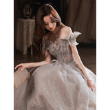 Nukty DRESS TO IMPRESS Elegant Off The Shoulder Evening Dresses Strapless Sequin Beaded  Tulle Shiny Slim Backless Floor-Length A-Line Prom Gowns