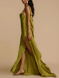 Nukty Women Summer Slit Suspender Satin Dress Sexy Backless Holiday Beach Green Maxi Dress Slim Female Sleeveless Solid Dresses