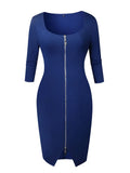 Nukty Sexy Long Zipper Girdling Waist Slim Bodycon Dress Women Half Sleeves Solid Color Skinny Dress Elegant Club Party Vestidos