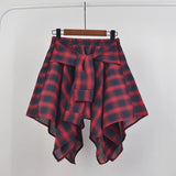 Nukty Summer Casual Retro Irregular Women Skirt Bow-knot Elastic Waist Shirt Style Blue White Lattice Mini A-line Shortskirt Female
