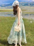 Nukty Summer Sweet Ruffles Fairy Skirt Suits Elegant Lace Patchwork Sleeveless Top Casual Long Skirt Womens Two Pieces Set New Outfits