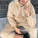 Nukty Men's Hoodie Outfit Solid Fluffy Fleece Sweatshirts with Trouser Two Piece Set Fall Winter Streetwear Hooded Hoodie Suits