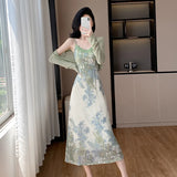 Nukty Fashion Spring Summer Two Piece Set Women Cardigan Short Top + Retro Jacquard Spaghetti Straps Midi Dress Elegant Party Suits