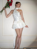 Nukty Satin Sexy Backless 3D Flowers Women Dress White Halter A-line Dress Female Spring Slim Elegant Party Clubwear Vestidos
