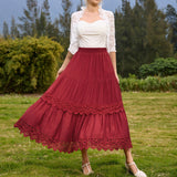 Nukty Women Renaissance Skirts Lace Hem Tiered Skirt Elastic Waist A-Line Maxi Skirt Club Party Vintage Steampunk Casual Skirt