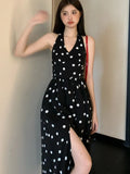 Nukty Dot Chic Retro Elegant French Style Polka Sling Dresses Bow Backless Slim Waist Halter-neck Split Dress Spring Summer New
