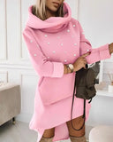 Nukty Elegant Dresses for Women Beaded Hooded Casual Sweatshirt Dress Autumn Winter Spring Fashion Casual Female Clothing