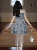 Nukty Kawaii Sweet Casual Mini Dress Women New Fashion Chic Floral Print Short Sleeves Chiffon Elegant Princess Party A-Line Vestidos