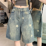 Nukty Y2K Star Printed Denim Shorts Women Fashion High Waist Wash Knee Length Jeans Bf Summer Streetwear Loose Wide Leg Pants