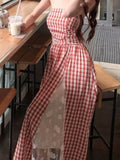 Nukty French Plaid Spliced Lace Strapless Dress Women's Spring Summer New Retro Waist Hugging Design Niche Long  Vestidos New