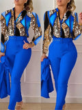 Nukty business casual outfits Women's Shirt 2 Pieces Suit Set 2024 Fall Print V Neck Long Sleeve Top Casual High Waist Pockets Work Female Clothes Pants Set