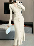 Nukty Solid Knitted Dresses for Women Autumn Single Breasted Chic Flared Sleeve Ruffles Hem Casual Female Office Elegant Robes