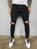Nukty Distressed Knee Holes Elastic Skinny Jeans Men Ripped Biker Denim Pants Solid Washed Streetwear Black Pantalones Hombre Joggers