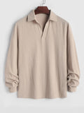 Nukty Long Sleeve Men's Shirts Solid Color Linen Textured Turn Down Collar Pullover Shirt Casual Streetwear Tops