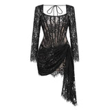 Nukty Women's Sexy Lace Dress Solid Color Sheer Patchwork High Waist Lace Dress Elegant Printed Strapless Slim Evening Dress