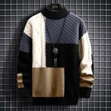 Nukty Autumn Winter Men Sweater Warm Top New Fashion Stitching Color Matching Pullover Round Neck Sweater Thickened Knitted Sweater