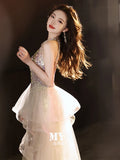 Nukty DRESS TO IMPRESS Sparkling Mermaid Evening Dress Sleeveless Halter Beaded V-Neck Short Cocktail Party Gown Elegant Tulle Trailing Wedding Dresses
