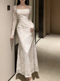 Nukty Sexy Women Elegant Bodycon Slim Lace Dress Vintage Casual Backless Evening Party Dresses Female Fashion Long Robe Clothes Autumn