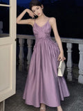 Nukty Vintage Purple Womens Dresses Elegant Spaghetti Strap V-neck Evening Party Long Dress Summer Slim Waist Vestidos Female Clothing
