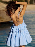Nukty Sexy Backless Lace-up Sling Dress Women Fashion Layer Ruffles Loose Hem Short Dresses Vocation Beach Party Streetwear