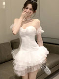 Nukty French Elegant White Mini Women's Cake Dresses Slash-Neck Strapless Mesh Sexy Dress Prom Female Clothes New Spring Summer 2025