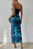 Nukty Summer Women Sexy Chestless Hem Slit Sleeveless Printed Dress