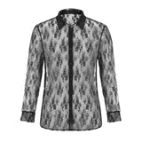 Nukty Men's Mesh See Through Mesh Sexy Lace Shirt Long Sleeve Fishnet Hollow Out Vintage Streetwear Slim Fashion Party Clothing S-XL