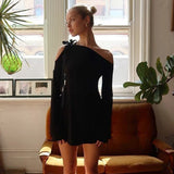 Nukty Off Shoulder Sexy Bow Lace Up Mini Dresses  Elegant Oblique-neck Long Sleeve Solid Dress Autumn New Slim Women Vestidos
