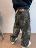 Nukty Autumn Tan Leopard Jeans Men Denim Pants Male Oversize Wide Leg Trousers Streetwear Hip Hop Vintage Loose Casual Animal Print
