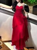 Nukty Fashion Elegant Ruffles Spaghetti Strap Women's Dresses Slim Wasit Wedding Graduation Party Vacation Tiered Midi Dress Summer