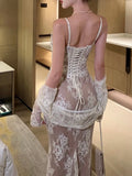 Nukty Vintage Elegant Bandage Mermaid Dress White Lace Wedding Evening Prom Robe Women Summer Bodycon Spaghetti Straps Vestidos Mujer