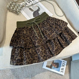 Nukty  American Leopard Print Women Fluffy Skirts Y2K Summer High Waist Ruffles Mini Skirts Fashion Sweet Preppy All Match A Line Skirt