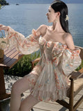 Nukty Vintage Floral Print Womens Dresses Elegant Slash Neck Flare Long Sleeves Princess Birthday Party Mini Dress A-Line Chiffon Robe
