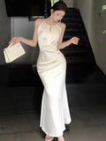 Nukty Elegant Satin Mermaid Womens Dresses Sexy Halter Spaghetti Strap Bodycon Evening Party Dress Summer Slim Waist Vestidos Robe New