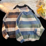 Nukty Comfortable Men Sweater Men's Striped Colorblock Knitted Sweater Thick Warm O Neck Pullover for Fall Winter Soft Long Sleeve