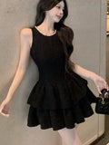 Nukty Y2K Sweet Black Mini Dress for Women Elegant O-Neck Sleeveless Birthday Party Short Dresses Slim Waist Vestidos Female Clothing