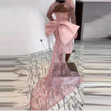 Nukty African Women Mermaid Evening Dresses WIth Long Sleeves Lace Lace Up Back Cocktail Party Dress With Big Bow Evening Gowns
