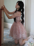 Nukty Kawaii Sweet Casual Mini Dress Women New Fashion Chic Floral Print Short Sleeves Chiffon Elegant Princess Party A-Line Vestidos