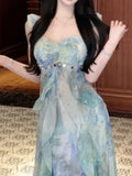 Nukty Summer Ruffles Print  Irregularity Long Dresses Elegant V-Neck Birthday Party Waistband Vestidos Holiday Beach Midi Dress New