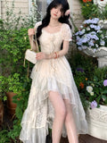 Nukty Elegant Korean Floral Ruffles Fairy Dress Vintage Court Style ShorteSleeve Princess Party Dresses Sweet Slim Waist Vestidos New