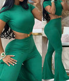 Nukty Summer Woman Long Jumpsuits Elegant Sexy O-Ring Decor Cutout Short Sleeve Jumpsuit New Fashion Casual One Pieces